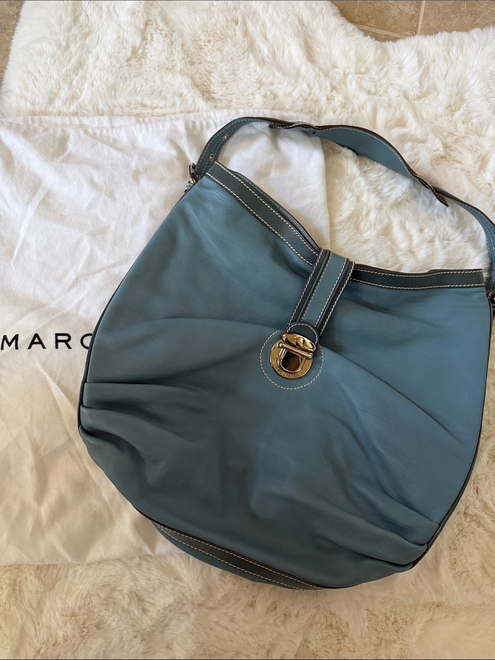 NWOT Vintage Marc Jacobs Made in Italy Blue Leather Hobo Bag Push Lock Dustbag